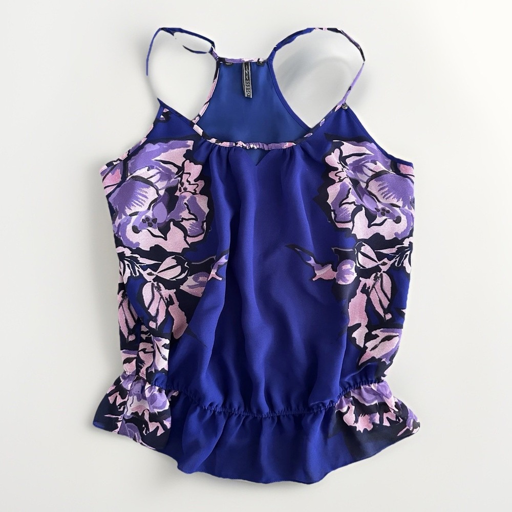 Vtg GUESS Y2K Blue Floral Silk Chiffon Cami Royal Vampire Diaries Elena‎ Gilbert